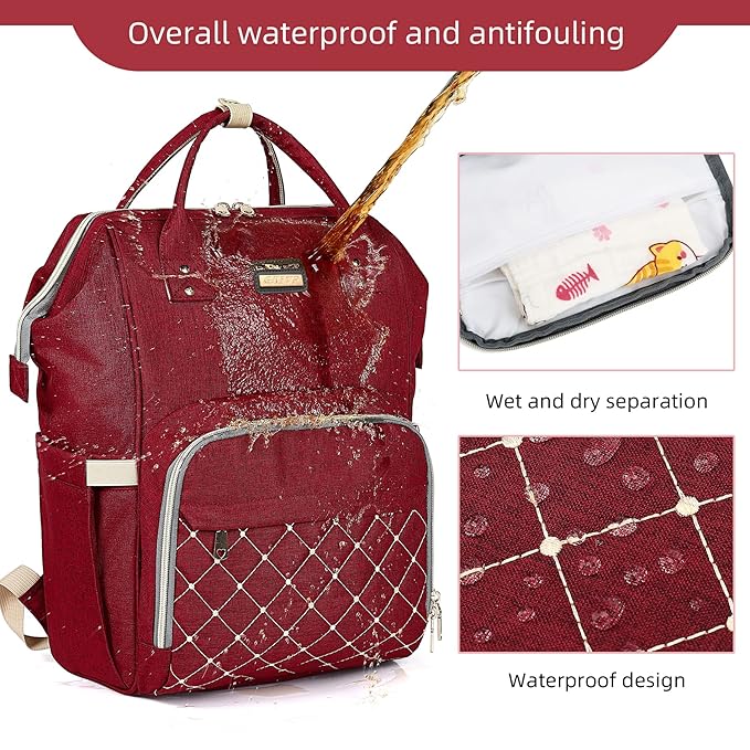 Diaper Bag Backpack, Diaper Bags for Baby Girls Boys, Baby Bags for Moms Dads, Nappy Changing Bag with Insulated Pockets,Multi-functional Waterproof Backpack with Stroller straps-Red