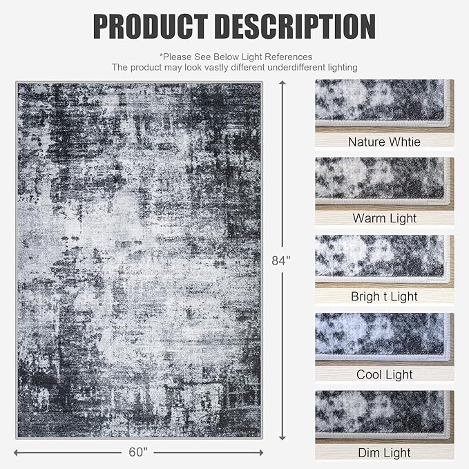 5x7 Area Rug Living Room Rug: Washable Modern Abstract Soft Thin Rug Indoor Floor No Slip Stain Resistant Carpet for Bedroom Dining Room Farmhouse Nursery Home Office - Dark Black