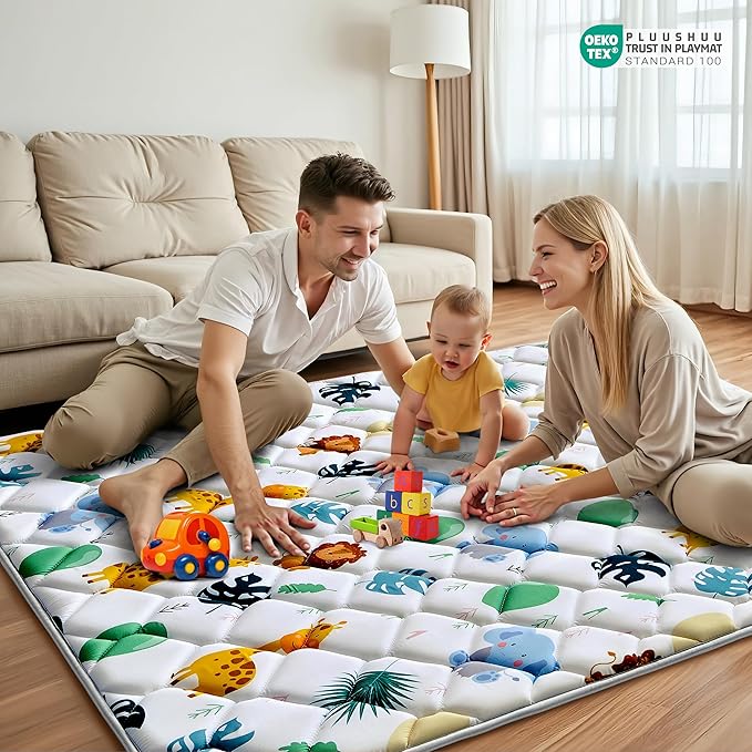 Baby Play Mats for Floor, 71x59 Playpen Mat for Babies, Extra Thicker & Soft Floor Crawling Mat, Foldable Non-Slip Playmat Cushioned for Infants Toddlers, Cute Animal Design