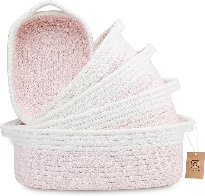 NaturalCozy 5-Piece Rectangle Storage Basket Set- Natural Cotton Rope Woven Baskets for Organizing! Small Basket for Montessori, Baby Nursery, Dog Toy Baskets, Cat Toy Box, Bathroom Organization Bin