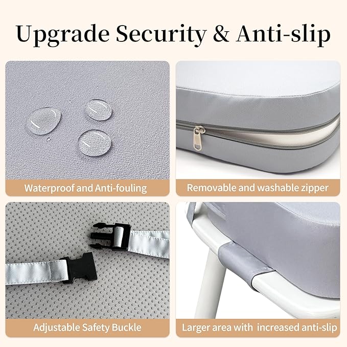 Toddler Booster Seat for Dining Table with Backrest and Adjustable Straps, Waterproof Oxford Foam Cushion with Non-Slip Bottom, Portable Chair Booster for Kitchen Use (Grey)