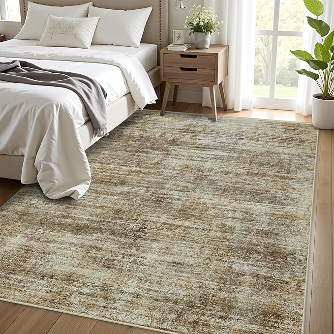 Area Rug 5x7 Living Room Rugs: Abstract Large Washable Rugs with Non-Slip Backing, Thin Carpet for Dining Room Table Bedroom Nursery Indoor Home Office-Brown