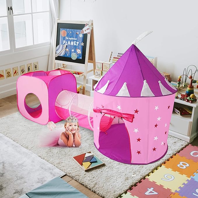 Princess Play Tent Set with Dress Up Tunnel, Castle Playhouse - Glow in The Dark Stars, Birthday Gift for Girls Age 3-7