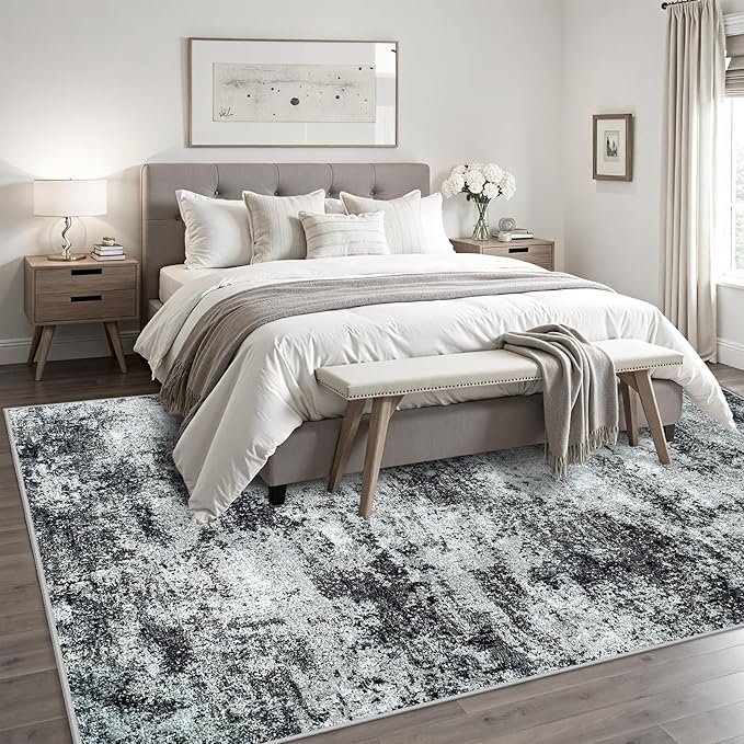 Area Rug 9x12 Washable Rugs: Abstract Large Living Room Rugs with Non-Slip Backing, Stain Resistant Indoor Floor Carpet for Bedroom Dining Room Table Nursery Hallway Home Office Dark Black/Gray