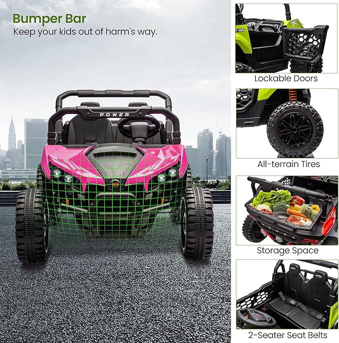 24V 2 Seater Ride On Car Truck, Power Wheels Kids UTV w/Parent Remote Control, 3.1 MPH Max Speed, Music Player, LED Lights & Storage, Electric Vehicle Ride On Toy for Kids Toddler Ages 3-8, Pink