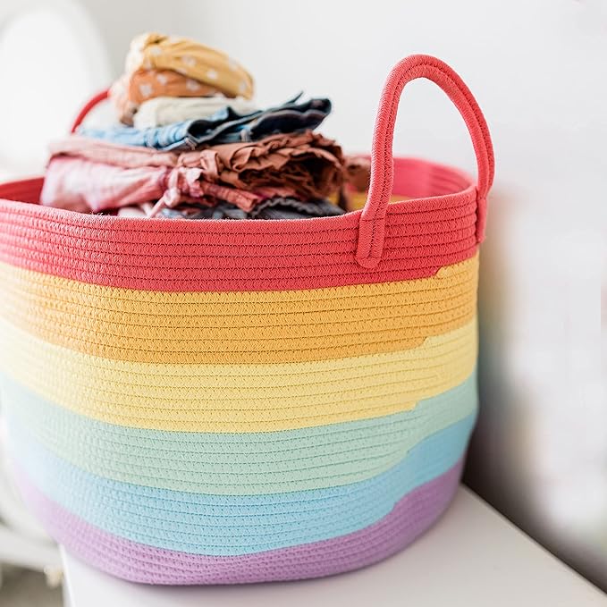 OrganiHaus Large Blanket Basket for Living Room 20x13, Rainbow Rope Basket for Classroom Organization, Toy Storage Basket, Woven Kids Laundry Basket, Baby Toy Box, Cute Storage Basket, Nursery Hamper
