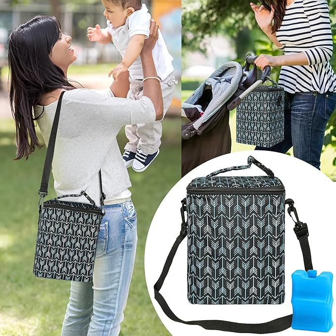 Breastmilk Cooler Bag with Ice Pack Fits 4 Baby Bottles Up to 9 Ounce Insulated Baby Bottle Bag Breast Milk Cooler on The Go with Strap Baby Bottle Cooler Bag for Nursing Mom Daycare or Travel