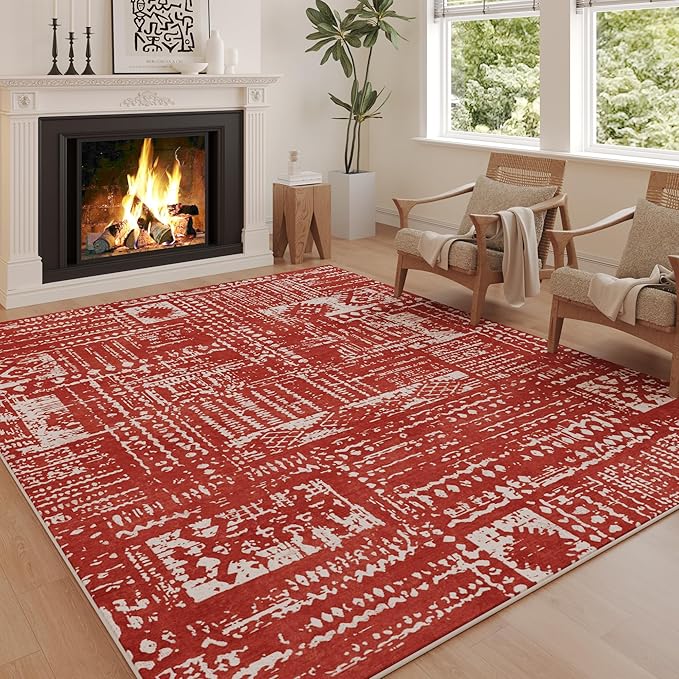 Living Room Rug 6x9 Rug Machine Washable Boho Area Rug Non Slip Moroccan Vintage Low Pile Large Rug for Living Room, Bedroom, Farmhouse, Dining Room, Kids Playroom(Terracotta)
