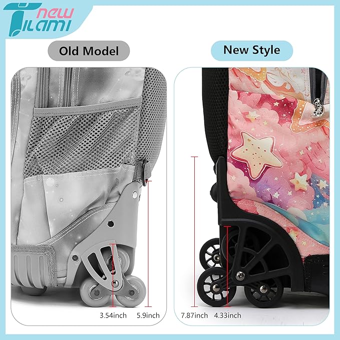 NEW TILAMI Girls 18 inch Rolling Backpack - Large Capacity, Waterproof, Adjustable Handle, Stylish Design, Ideal for School & Travel, Starshine