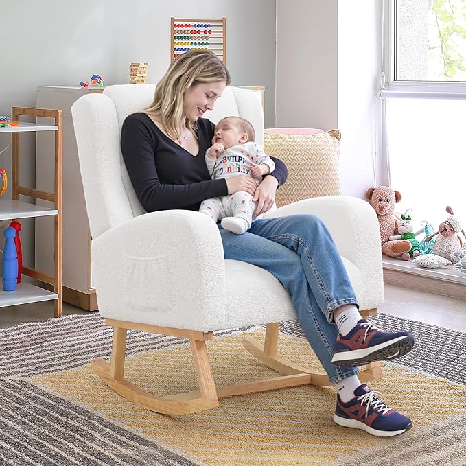 Rocking Chair Nursery, Nursing Rocking Chairs for Mom Nursery, Comfy Wingback Glider Rocking Armchair with Side Pocket for Nursery Living Room Bedroom, Teddy White