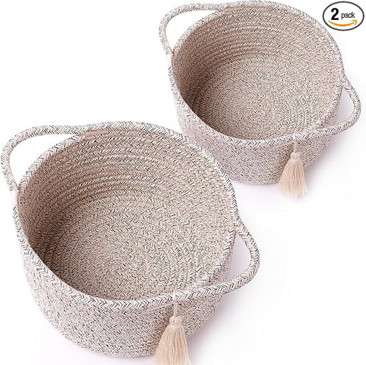 Small Soft Organizer Baskets，Decorative Mini Round Woven Rope Storage Bin Empty Gift Baskets for Man，Office, Desk Decor, Gifting, Kids, Toys, Pre Shaped, Brown, 2 Pack