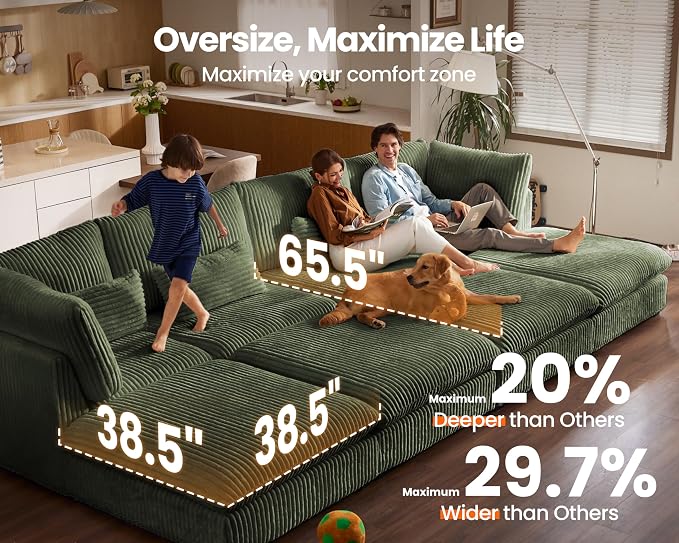 115" Oversized Corduroy Couch Modular Sectional Sofa, Washable Cloud Couch - Image 3