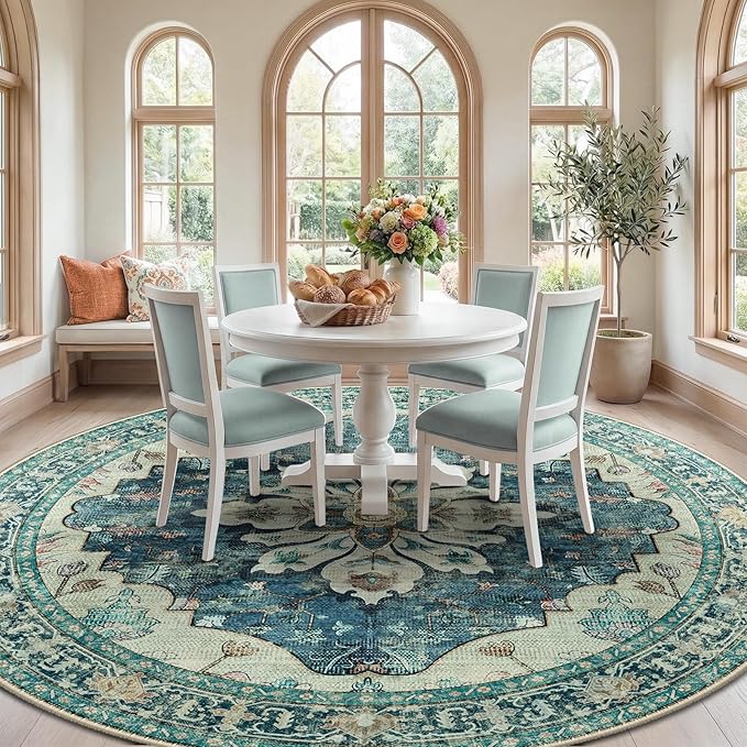 RELEANY Area Rugs Round 10ft Washable Non-Slip, Floral Vintage Distress Print - Image 3