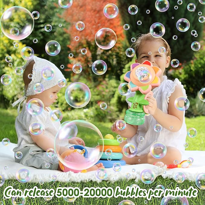 Sunflower Bubble Machine for Kids Automatic Flower Bubble Toy with Colorful Lighting for Toddlers Handheld 20000+Bubbles 3 Modes Fun Swing Dance Bubble Maker Blower Blaster Outdoor Toys Type-C Green