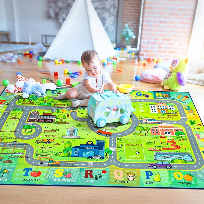Chicrug 5x8 Car Road Area Rug for Kids Playroom Bedroom, Non Slip Low Pile Washable ABC Alphabet Carpet for Classroom, City Track Play Mat for Toddler Children Nursery Baby Room Decor, Green