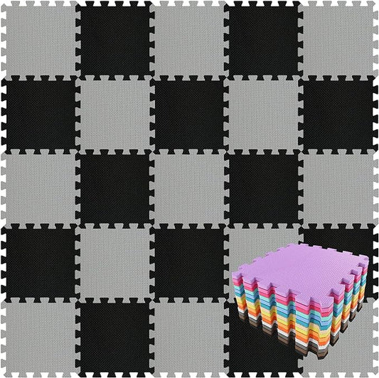 qqpp EVA Rubber 18 Tiles Interlocking Puzzle Foam Floor Mats - Baby Play Mat for Playing | Exercise Mat for Home Workout. Black, Gray. QC-DLb18N