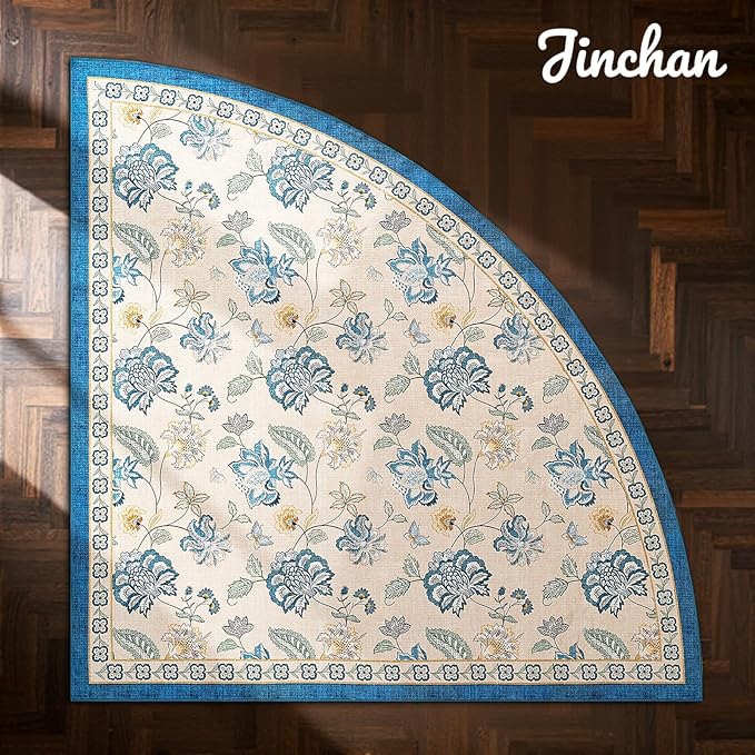 jinchan Floral Corner Rug for Living Room Washable Bedroom Rug Vintage Romance Design Non Slip Quarter Circle Lightweight Low-Pile Throw Carpet for Reading Nook Playroom,8ft Radius, Blue/Beige