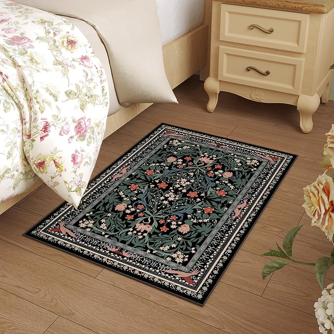 Door Mat Indoor Entrance 2x3 Rug Machine Washable Vintage Floral Botanical Small Area Rug Non-Slip Low Pile Throw Rugs for Entryway, Kitchen, Front Door Entrance, Entry, Kids Room, Black