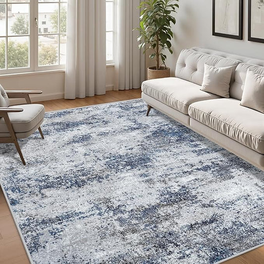 Washable Rug 6x9 Area Rugs: Abstract Washable Rugs with Non-Slip Backing, Stain Resistant Indoor Floor Carpet for Bedroom Dining Room Table Nursery Hallway Home Office Blue/Gray/Black