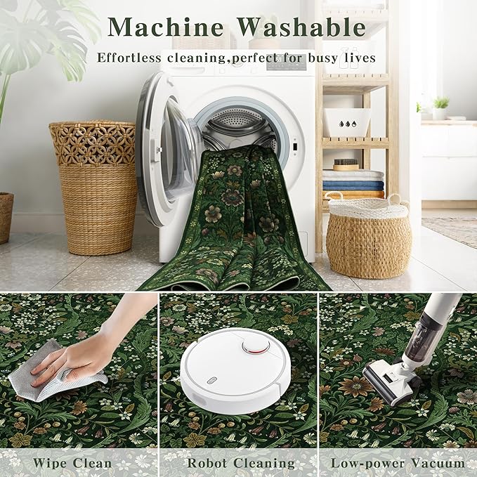 Floral 2x3 Entryway Rug,Washable Front Door Mat Indoor Non Slip Low Pile Small Carpet, Soft Green Boho Botanical Throw Rug for Bathroom Bedroom Kitchen Laundry Indoor Entrance