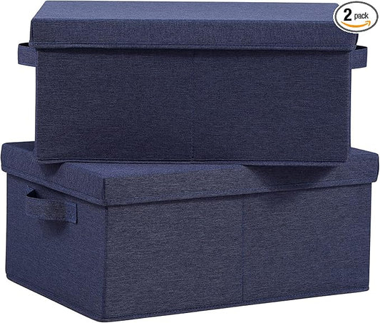 HOONEX Foldable Storage Bins with Lids, Pack of 2, Storage Boxes with 2 Carrying Handles and Heavy Cardboard, 16.5" L x 11.8" W x 7.5" H for Shoes, Clothes, Blue