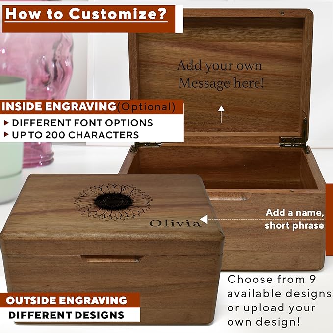 Sunflower Wooden Keepsake Box - Unique Gift for Women, Floral Keepsake for Girls, Personalized Gifts for Teen Girls or Daughters, Dandelion Storage Boxes, Custom Wood Box Flowers, 8x6x4 in