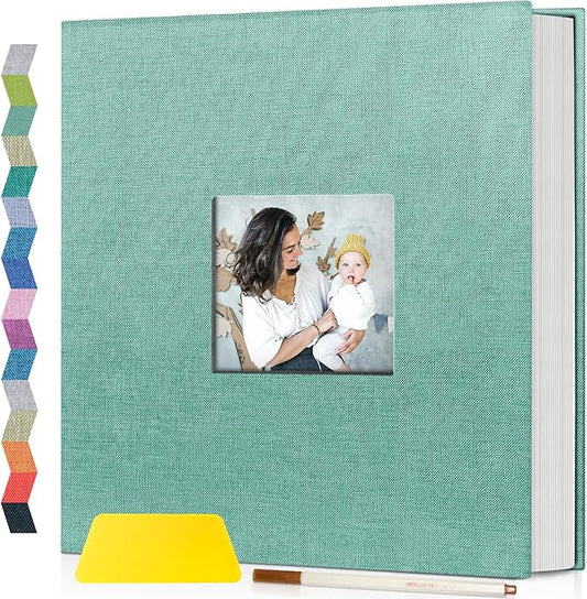 popotop Photo Album Self Adhesive with Picture Display Window,40 Pages DIY Scrapbooking Supplies Kit for 4x6 8x10 Picture,Linen Cover Memory Book for Baby Wedding, with Scraper and Metallic Pen