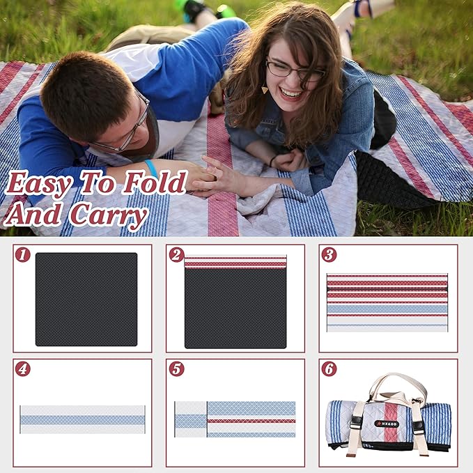 Waterproof Picnic Mat, Outdoor Camping Oversized Field Blanket. Portable Thickened Camping Blanket, Suitable for Beach, Camping, Music Festival, Party, Outdoor Adventure. (Red&Blue&White, 80”x60”)