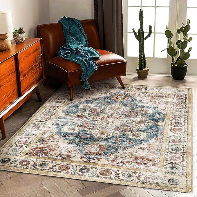 Washable Vintage Area Rug 6'x9' Boho Beige Blue Chic Medallion Distressed Design Non-Shedding Easy Care Ideal for High Traffic Areas in Living Room Bedroom Kitchen Office Large Carpet