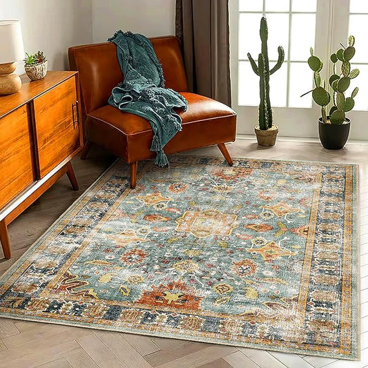 Area Rug 3'x5' Washable Vintage Traditional Floor Rugs Cover Foldable Thin Retro Accent Indoor Distressed Non Slip Carpet Floral Print Mat Bedroom Living Room Bathroom