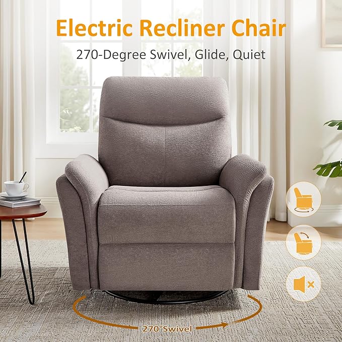 Power Recliner Chair Swivel Glider, Electric Rocking Recliner Chairs with USB and Type-C Ports, Nursery Chair Recliner for Living Room, Bedroom, Apartment（Light Brown）