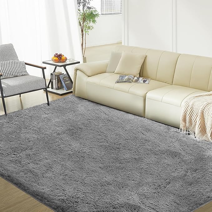 Ultra Soft Rug for Living Room, 9X12 Fluffy Shag Area Rug for Bedroom, Modern Shaggy Carpets Fuzzy Rug for Teens Dorm Nursery Home Decor Aesthetic, Upgrade Anti-Skid Durable, Grey