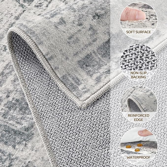 Area Rug for Living Room: 7x9 Washable Neutral Abstract Modern Soft Rugs Non Slip Indoor Floor Stain Resistant Large Carpet for Bedroom Dining Room Office Nursery - Gray