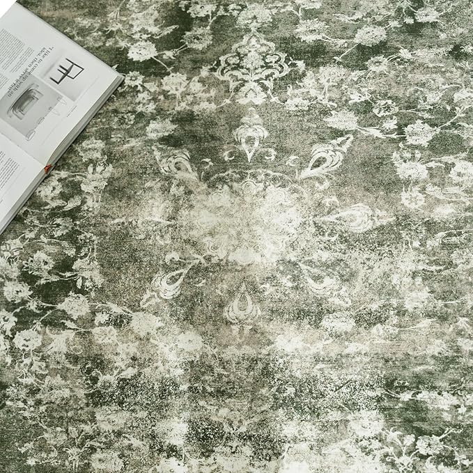 jinchan Round Rug 5ft Area Rug - Green Vintage Floor Mat Kitchen Indoor - Washable Circle 5' Thin Floral Print Carpet Retro Farmhouse Non Slip Dining Room Living Room Bedroom Office