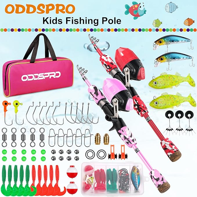 ODDSPRO Kids Fishing Pole Pink, Portable Telescopic Fishing Rod and Reel Combo Kit - with Spincast Fishing Reel Tackle Box for Girls, Youth