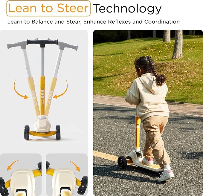 KUB Toddler Scooter for Kids Ages 2+, 3 Wheel Kick Scooter with LED Light-Up Wheels, Adjustable Height Handlebar, Lean-to-Steer, Anti-Slip Deck, Easy-Fold Design, Gift for Boys and Girls