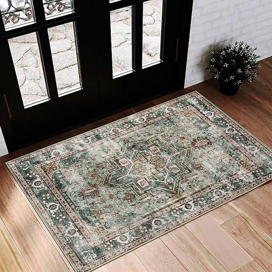 2'x3' Area Rug Washable Door Mat Vintage Doormat Indoor Entrance Traditional Thin Floral Print Non Slip Carpet for Kitchen Bathroom Bedroom Living Room
