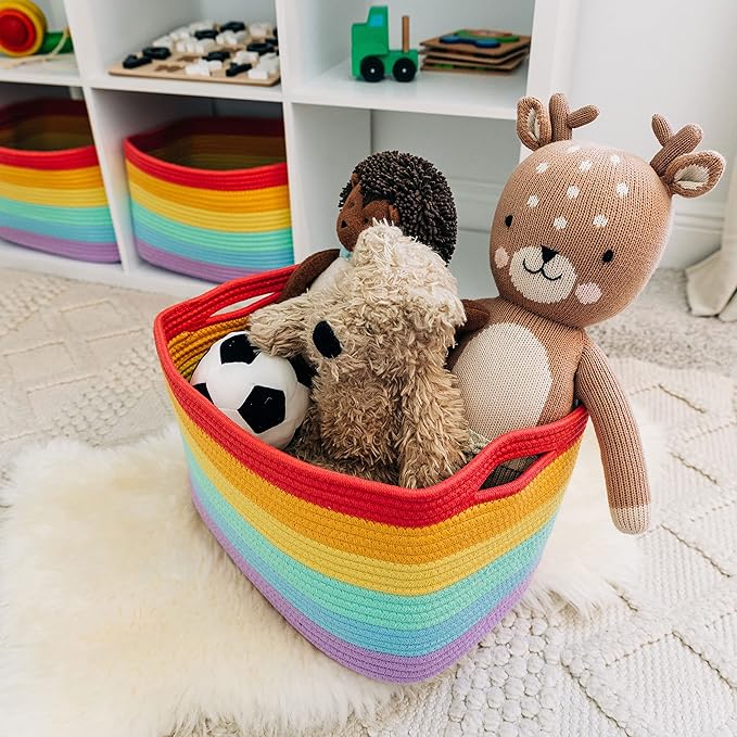 OrganiHaus Rope Rainbow Storage Baskets for Shelves, Rainbow Baskets for Classroom, Baby Basket for Nursery Storage, Rainbow Storage Bins & Toy Organizer, Colorful Baskets for Baby Room