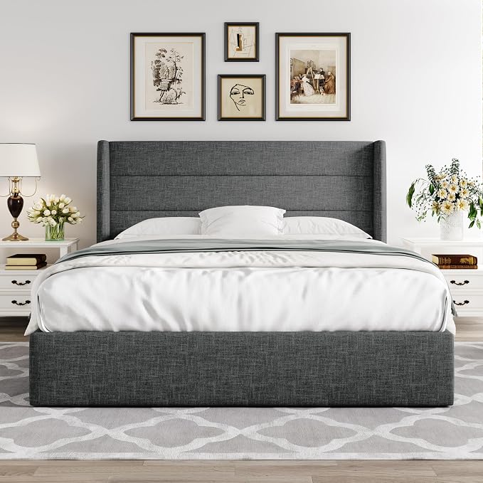 Allewie Full Size Lift Up Storage Bed, Modern Wingback Headboard, Hydraulic - Image 8