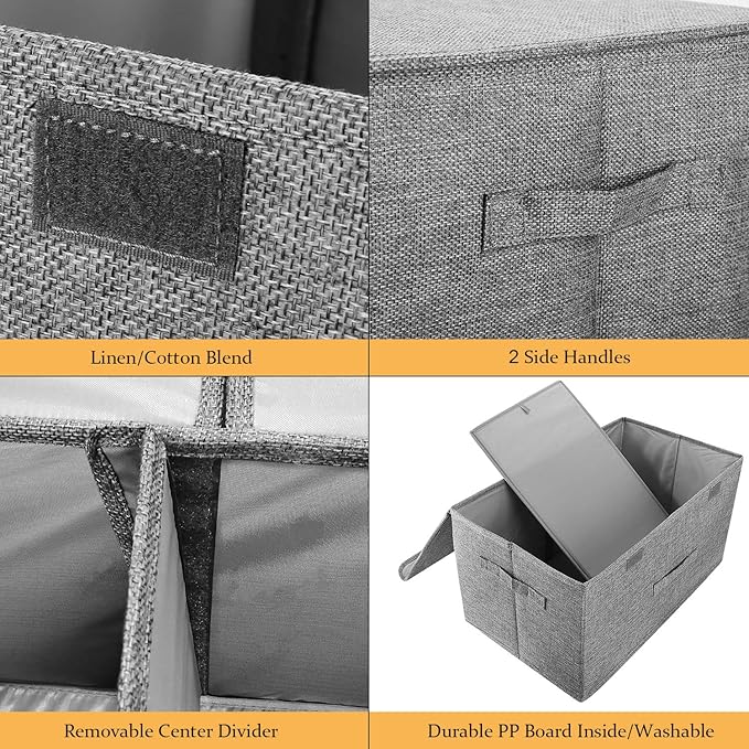 2 Pack Large Storage Boxes with Lids and Handles, Collapsible Linen Storage Bins Organizer Containers Baskets Cube with Removable Divider for Home Bedroom Closet Office (Cream, Small)