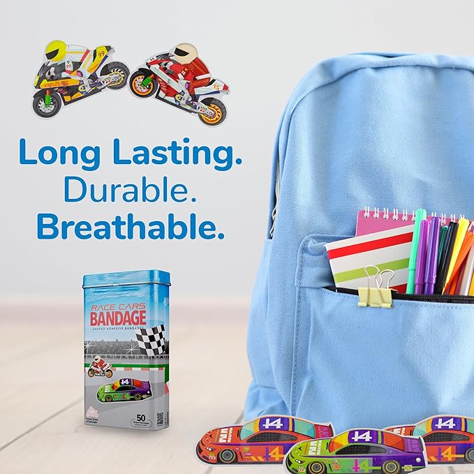 BioSwiss Bandages, Race Cars Shaped Self Adhesive Bandage, Latex Free Sterile Wound Care, Fun First Aid Kit Supplies for Kids and Adults, 50 Count