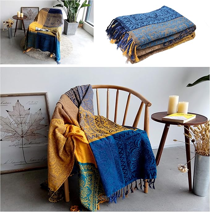 Bohemian Throw Blanket for Couch，Colorful Chenille Tassels Boho Woven Hippie - Image 4