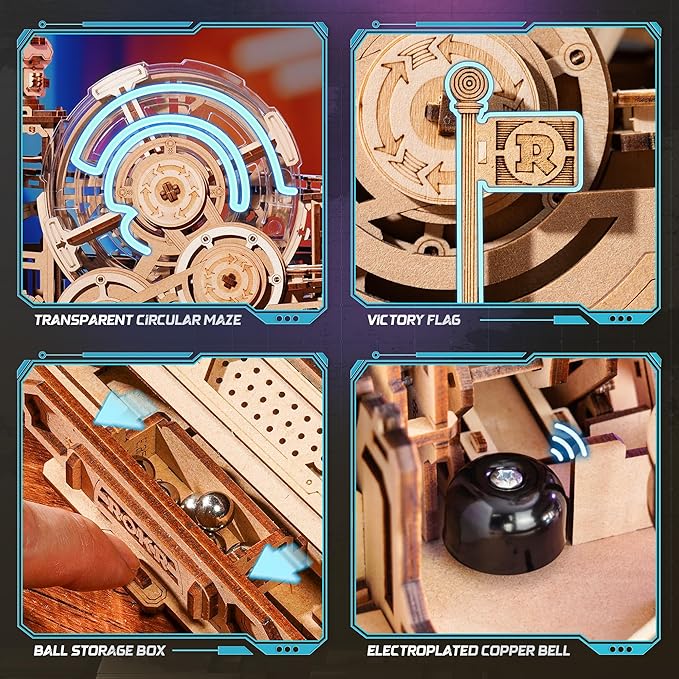 ROKR 3D Wooden Puzzles for Adults Miniature Marble Run Building Toys,DIY Pinball Machine Model Kits-Gear Ball Challenge EGC01