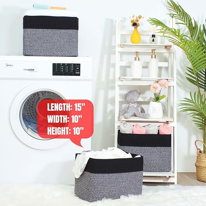 MINTWOOD Design 3-Pack Storage Baskets for Shelves, Playroom and Classroom Storage Basket, Book Basket, Decorative Storage Cube Bins, Woven Closet Organizers, Pantry and Shoe Organizer, Black Grey Mix