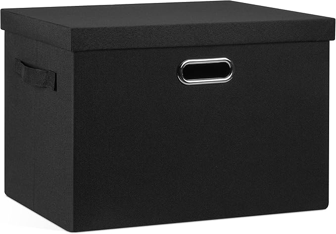 Large 17" 36 Quart Collapsible Stackable Storage Bins with Lids, 1 Pack Black Foldable Fabric Closet Storage Boxes with Lids, 4 Handles Heavy-duty Linen Cube Baskets for Bedroom