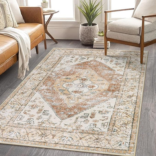 Lahome Boho Washable Living Room Area Rug 3x5 Throw Non-Slip Rugs for Bedroom Aesthetic Lightweight Thin Entry Rug Kitchen Rugs Oriental Distressed Print Capet for Office Bathroom Laundry Room