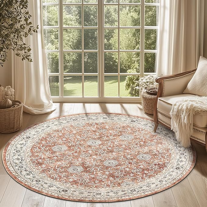 jinchan Round Rug 6ft Washable Circle Soft Rug - Low Pile Vintage 6'Round Indoor Orange Floral Print Stain Resistant Boho Carpet Ultra-Thin Non-Slip for Living Room Nursery Bedroom Dining Room Kitchen