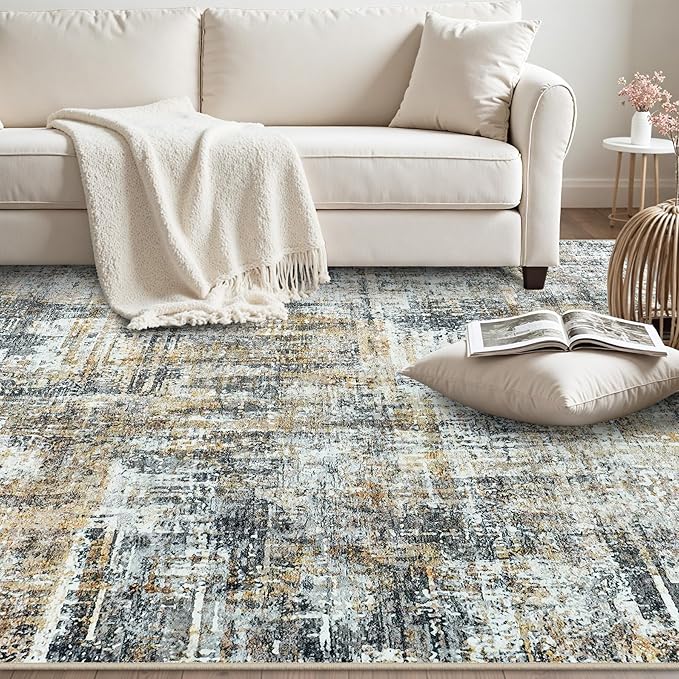 Area Rugs 8x10 Living Room Rugs: Modern Abstract Washable Rug with Non-Slip Backing, Stain Resistant Indoor Floor Large Carpet for Bedroom Dining Room Table Nursery Hallway Home Office Brown/Gray