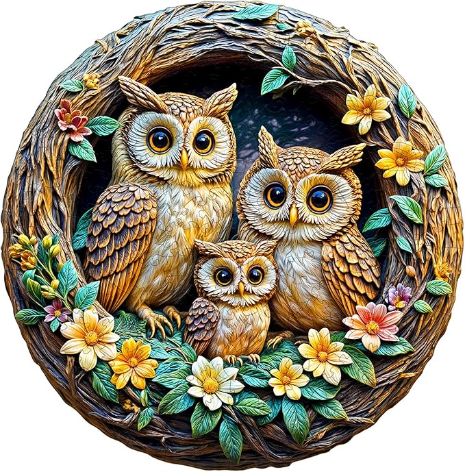 Wooden Puzzles for Adults - 3D Vision Effects Owl Family Wooden Jigsaw Puzzle - Unique Animal Shaped Wood Puzzles Adult - Creative Birthday Gift Family Game (300pcs)