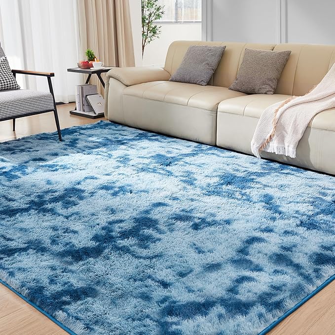 Ultra Soft Rug for Living Room, 8X10 Fluffy Shag Area Rug for Bedroom, Modern Shaggy Carpets Fuzzy Rug for Teens Dorm Nursery Home Decor Aesthetic, Upgrade Anti-Skid Durable, Tie-Dyed Blue Grey